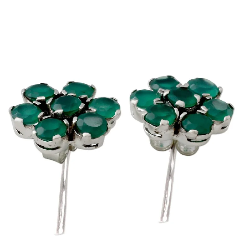 Horizon-cut earrings-Onyx Button Earrings, 'Green Blossom' (India)