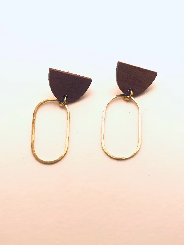 Pulse-wave earrings-Oval Brass Earrings with Wood