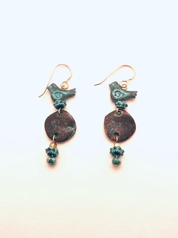 Icy aquamarine earrings-Patina Bronze Earings with Birds