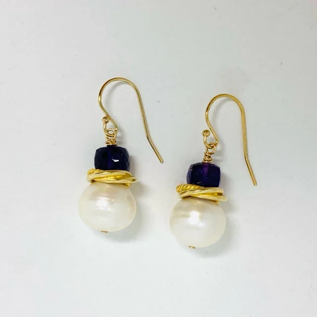 Vintage-edge earrings-Pearl & Amethyst with a Twist Ring Earrings