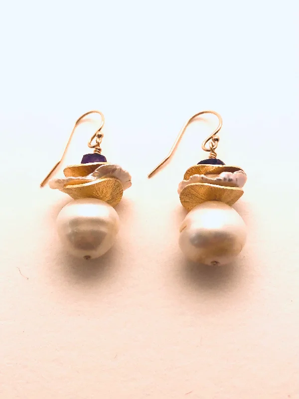 Tesselated hoop earrings-Pearl with Keishi, Vermeil Discs, Amethyst Cube Earrings