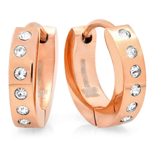 Layered tier earrings-Rose Plated Gold Hoops with Simulated Diamonds