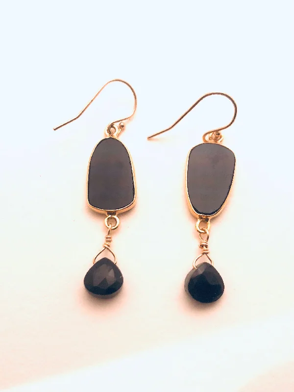 Retro sodalite earrings-Smooth Onyx wrapped in Vermeil Earrings with Jet Briolette