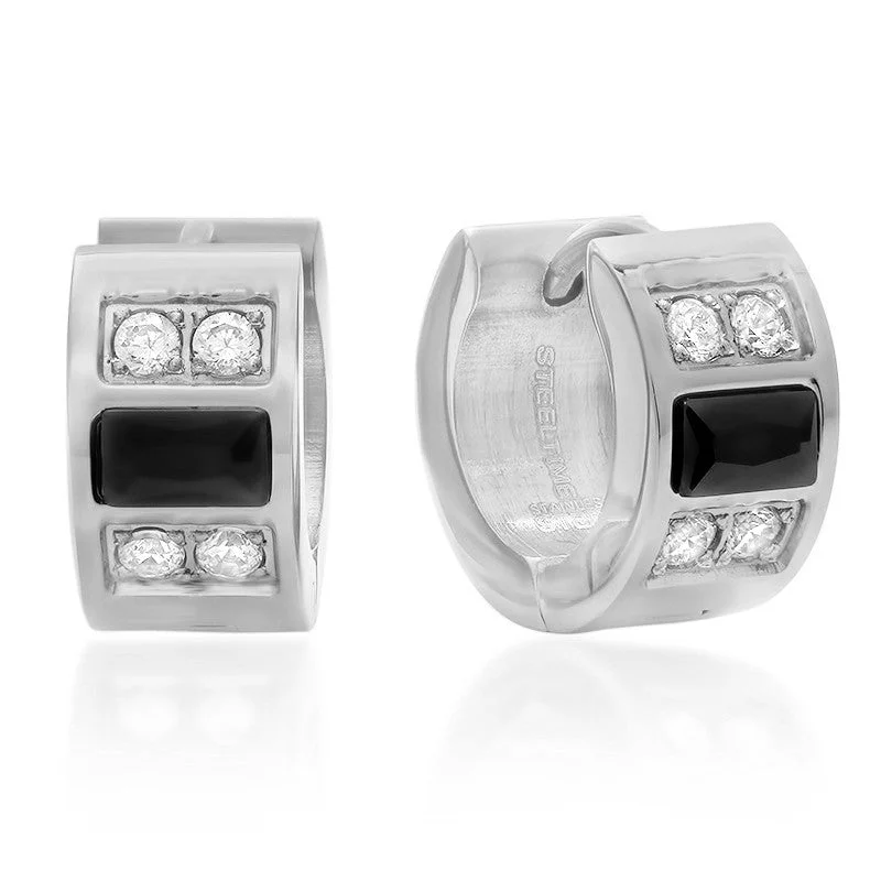 Ridge-set earrings-Stainless Steel Huggie Earrings with Simulated Diamonds and Black IP