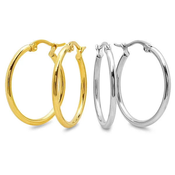 Patterned glaze earrings-Stainless Steel Set Of 2 Hoops In Metallic And 18kt Gold Plated 35mm