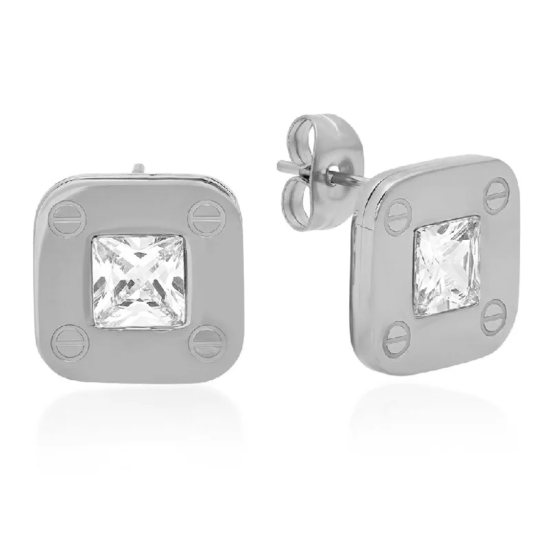 Glimmering gem earrings-Stainless Steel Stud Earrings With Screws and CZ Stones Accent