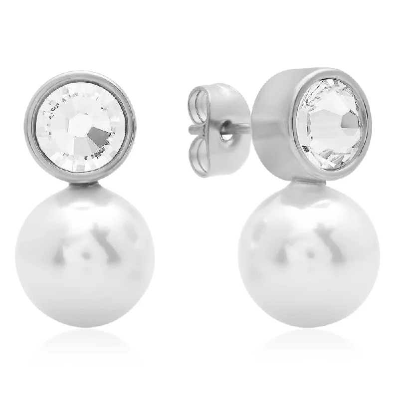 Lush garnet earrings-Stainless Steel Stud Earrings With Simulated Pearl And SW Stones