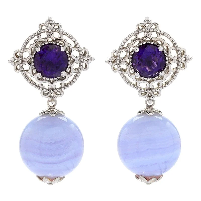 Glowing iolite earrings-Sterling Silver 1.25" Blue Lace Agate & African Amethyst Earrings