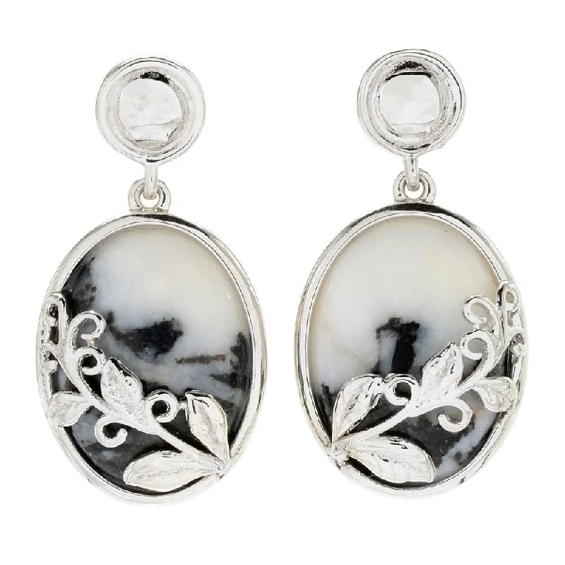 Tesselated hoop earrings-Sterling Silver 1" Oval White Buffalo Calcite Quartz Drop Earrings