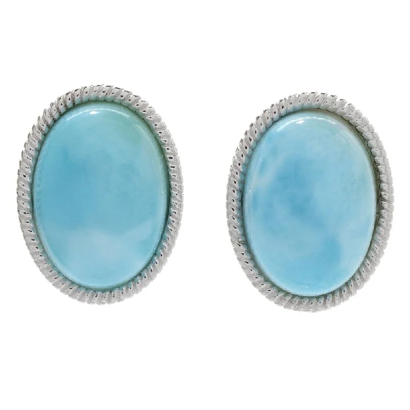 Rough-hewn stone earrings-Sterling Silver 14 x 10mm Oval Larimar Rope Halo Earrings