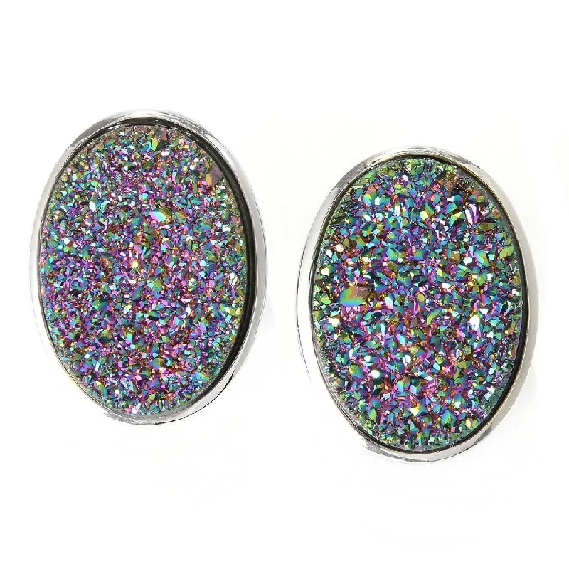 Luminous diamond earrings-Sterling Silver 18 x 13mm Oval Drusy Earrings w/ Omega Backs