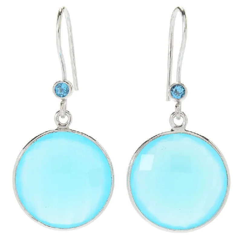 Raised-tier earrings-Sterling Silver 18mm Checkerboard Cut Aqua Chalcedony Drop Earrings