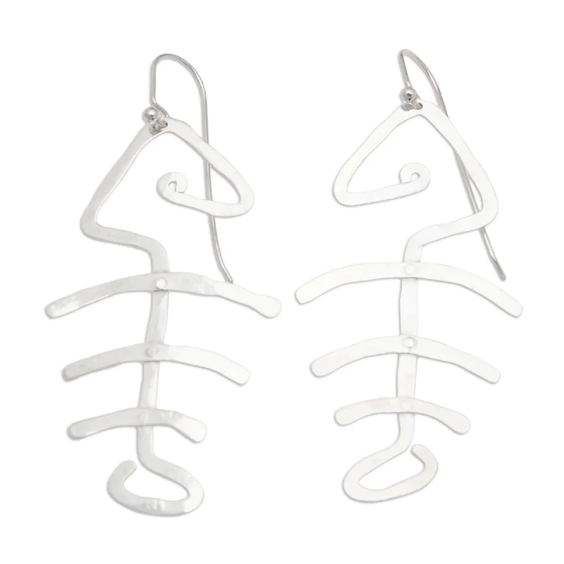 Thin diamond earrings-Sterling Silver 'Bone Fish Bone' Earrings (Indonesia) - 2.8L*1.2W