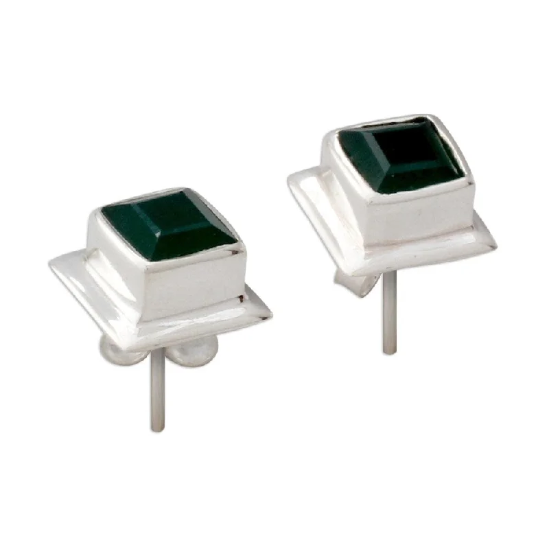 Winding twist earrings-Sterling Silver 'Contemporary Squared' Green Onyx Earrings