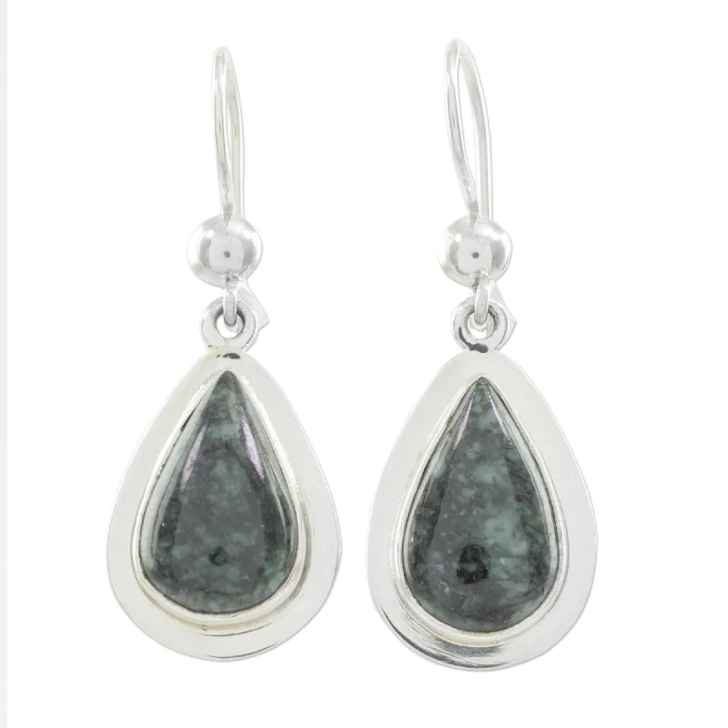 Pulse-wave earrings-Sterling Silver 'Dark Green Halo' Jade Earrings (Guatemala) - 1.8L*0.6W