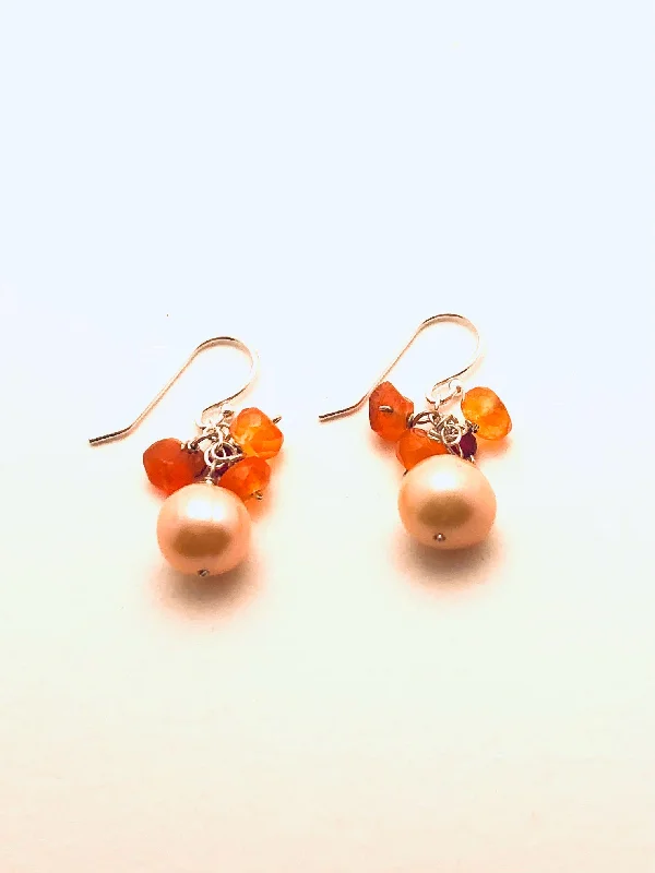 Elevated stone earrings-Sterling Silver Earrings with Pearls and Carnelian