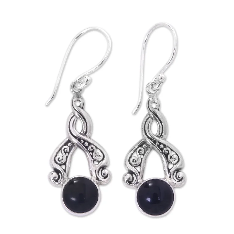 Hand-grooved earrings-Sterling Silver 'Midnight Embrace' Onyx Earrings - Silver Black