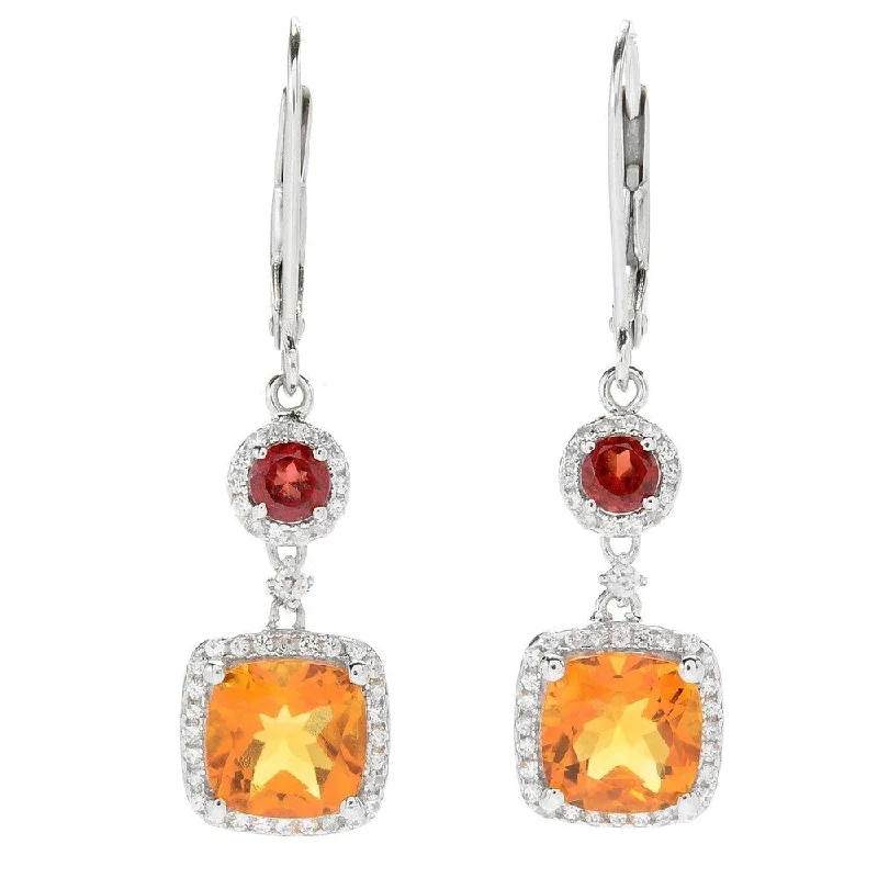 Natural garnet earrings-Sterling Silver Two Tone Cushion Cut Lever Back Earrings with Citrine and Mozambique Garnet