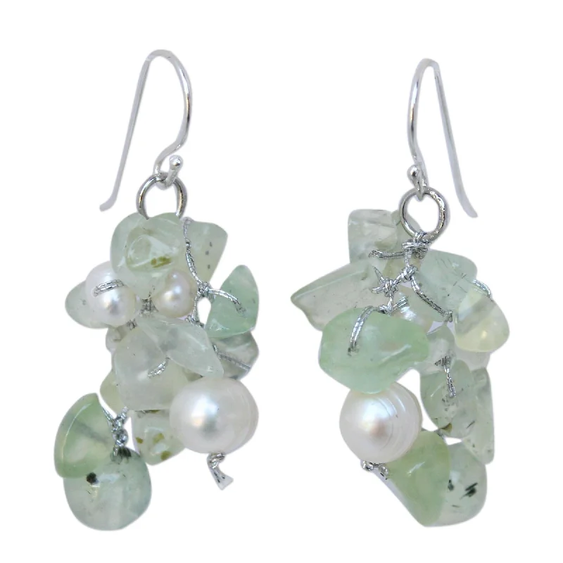 Pure pearl earrings-Sterling Silver 'Whisper' Prehnite Pearl Earrings (3-7 mm) (Thailand) - 0.8"x1.8"