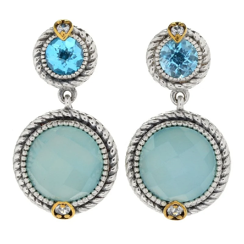 Pulse-wave earrings-Swiss Blue Topaz, Chalcedony & White Zircon Drop Earrings