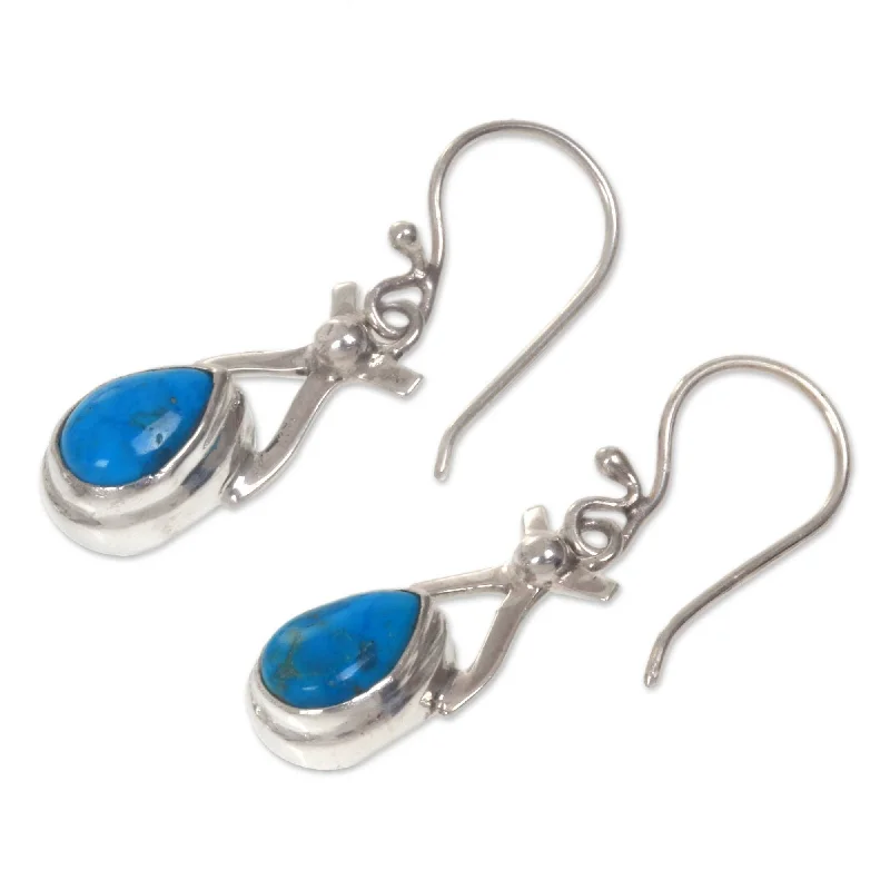 Stippled hoop earrings-Temptions Veined Blue Green Teardrops of Polished Turquoise in 925 Sterling Silver Modern Womens Dan