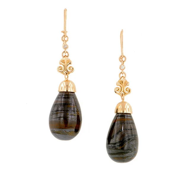 Stippled hoop earrings-Tiger's Eye & Diamond Drop Earrings- Heirloom by Doyle & Doyle