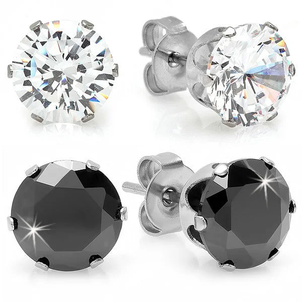 Parted-tier earrings-Two Pairs of Stainless Steel Stud Earrings with Simulated Diamonds