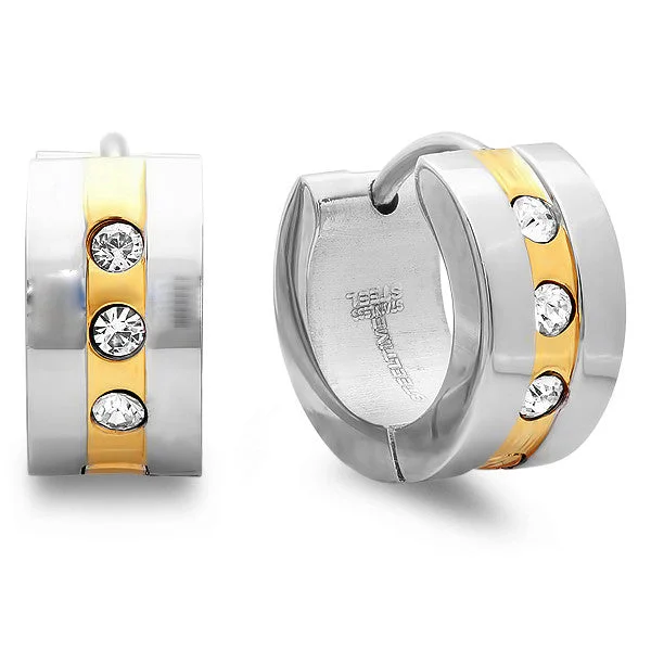 Nonagonal stud earrings-Steeltime Ladies Two-Tone Huggie Earrings With CZ Stones