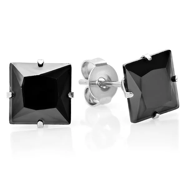 Solid-set pave earrings-Unisex Large Square Black Simulated Diamond Stud Earring With Stainless Steel Setting