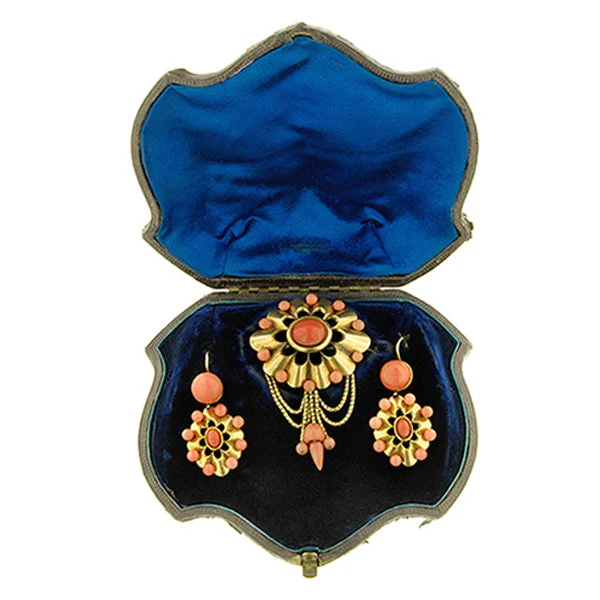 Pulse-wave earrings-Victorian Coral Earring & Pin Set