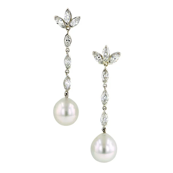 Dainty filigree earrings-Vintage Diamond & Pearl Drop Earrings