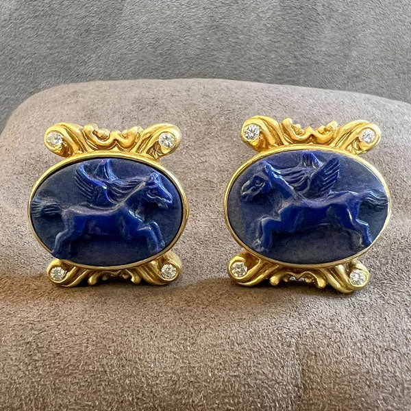 Delicate silver earrings-Vintage Lapis Cameo Clip Earrings