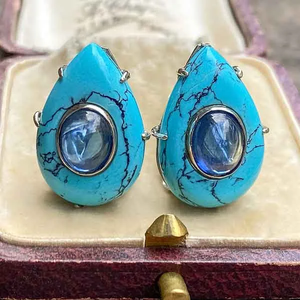 Retro topaz earrings-Vintage Sapphire & Turquoise Earrings